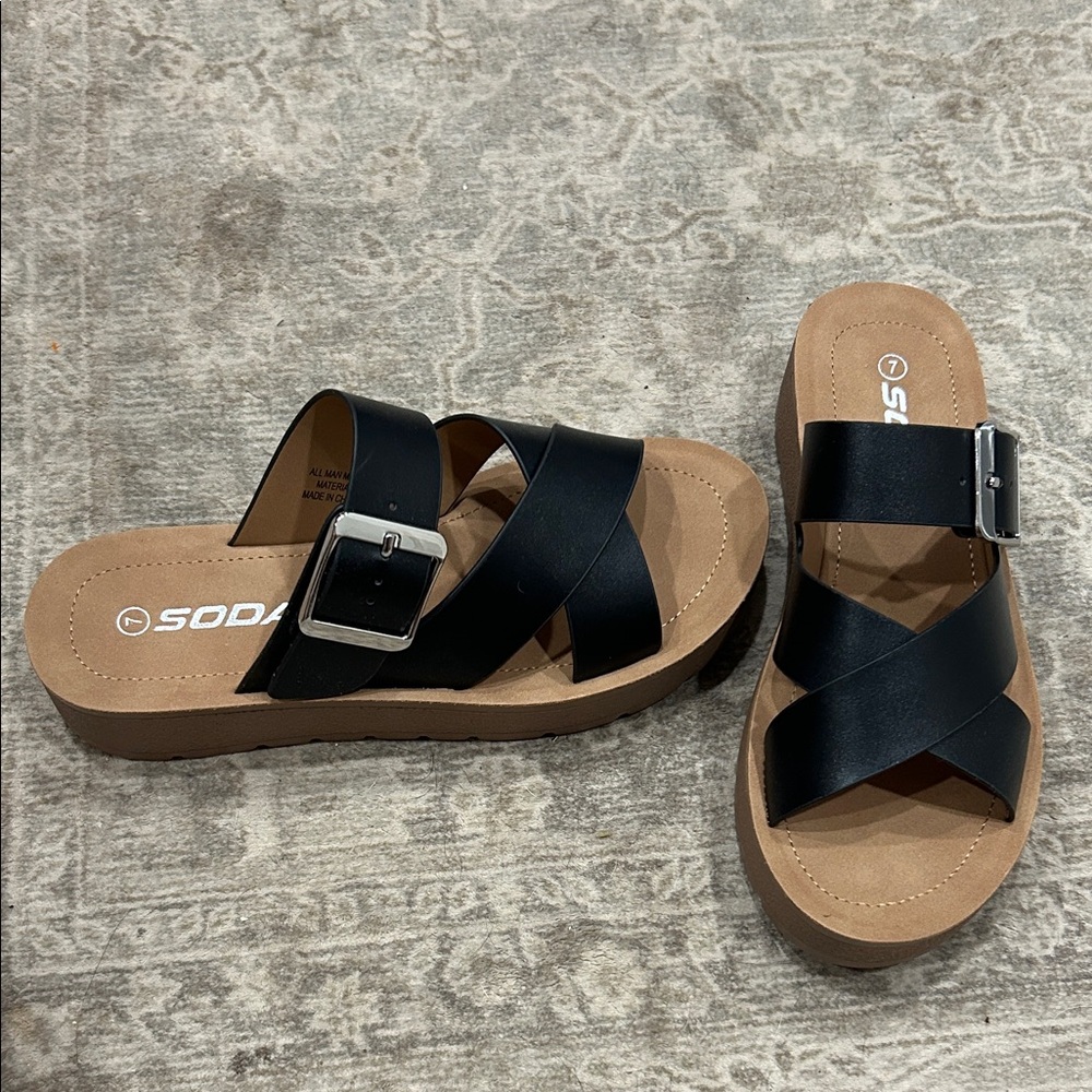 Soda Black and Tan Buckle Sandals